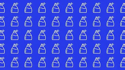 Minimalist seamless pattern of white perfume spray bottle icons on a vibran.. Stock Illustration