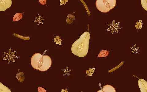 Minimalist seamless watercolor pattern featuring sliced pears, apples, cinn.. Illustrazione stock