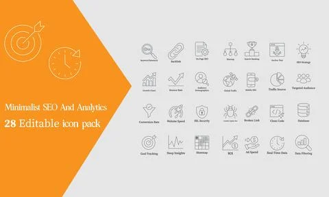 Minimalist SEO and Data Analytics Icon Set - 28 Editable Vector Line Icons .. Stock Illustration