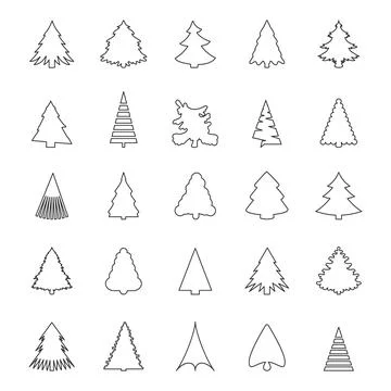 A minimalist set of 25 Christmas tree outline icons. Clean black vector thin  Stock Illustration