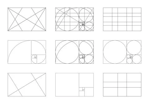 Minimalist set of Golden ratio. Method golden section icon mockup. Fibonacci Stock Illustration