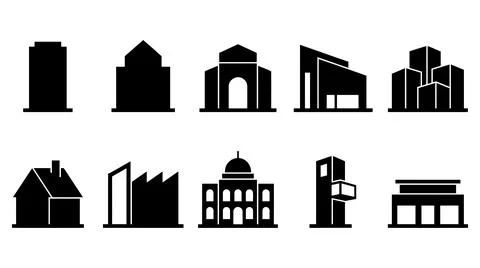 Minimalist set of ten architectural building silhouettes for graphic design Ilustración de archivo