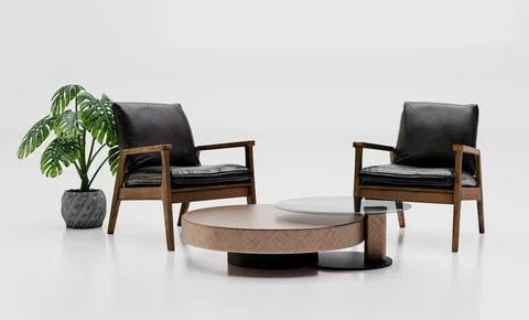 Minimalist setup with two chairs, a coffee table, and a floor plant on a whit Stock Illustration