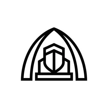 Minimalist shield emblem under geometric arch line art logo. Stock Illustration