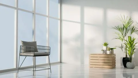 A minimalist simple room featuring an armchair by the large window and deco.. Ilustración de archivo