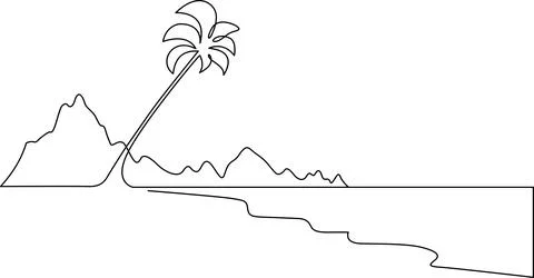 Minimalist single line drawing of a tropical island with mountains and palm.. Stock-Illustration