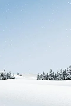 Minimalist snowscape with pine forest, mountain ranges and snowfall graphic.. Stock-Illustration