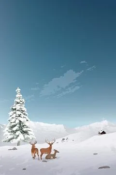 Minimalist snowscape with Reindeers, pine tree and cottage on hill in a day.. Stock Illustration