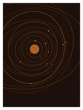 Minimalist solar system diagram with orbit paths and planets on dark backgr.. Stock Illustration
