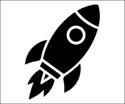 A minimalist, solid black rocket ship icon with prominent flames is depicted Stock Illustration