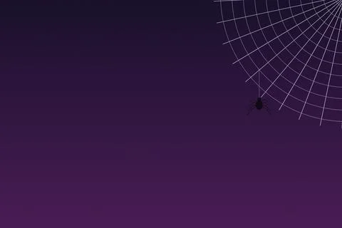 Minimalist spider web with a hanging spider over dark purple gradient backg.. Ilustração Stock