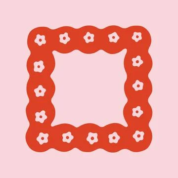 Minimalist square frame with wavy edges and red floral pattern ornament on Stock Illustration