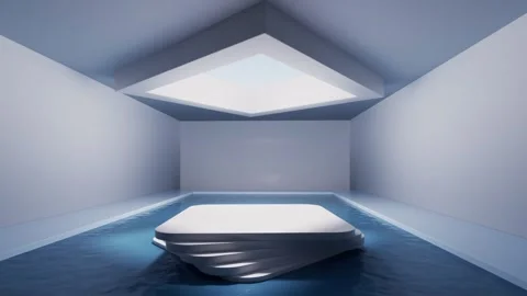 Minimalist square podium floating over water in white modern interior with .. Stock Footage 332336448
