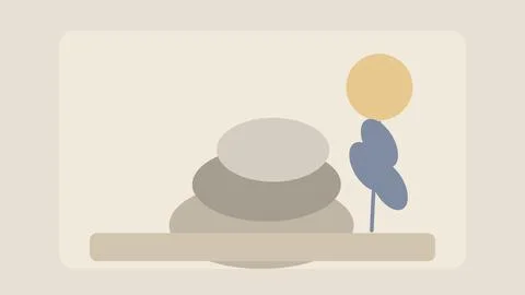 Minimalist stack of three neutral cushions with a small blue plant and yell.. Stock Illustration