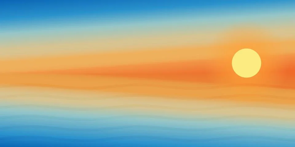 Minimalist sunset landscape with soft gradient waves and a bright sun Ilustração Stock