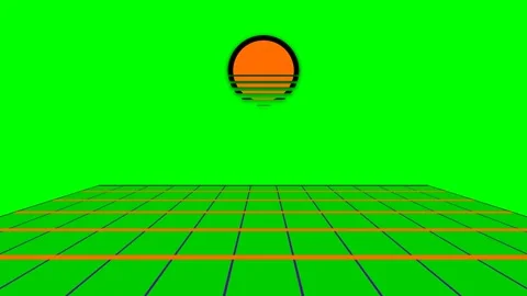 Minimalist synthwave digital landscape with a glowing orange sun and grid Stock Footage 340266047