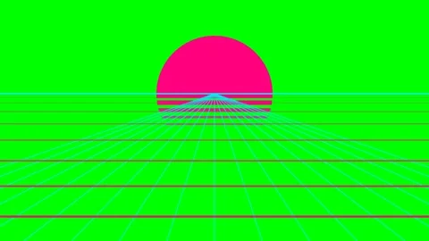 Minimalist synthwave grid landscape with a vibrant pink sun on neon green Stock Footage 340903260