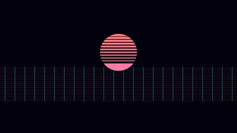 A minimalist synthwave sun sitting above a digital glowing grid horizon Stockbeeldmateriaal 338310287