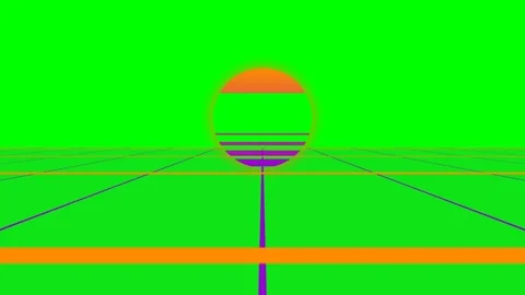 Minimalist synthwave sunset with a vibrant green digital grid landscape Stock Footage 341824208