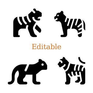 Minimalist tiger design in 2x2 grid with bold stripes. four unique tiger icons Stock-Illustration