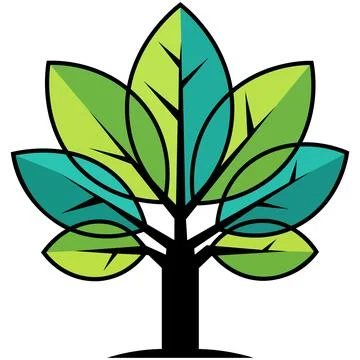 A minimalist tree graphic featuring overlapping green and turquoise leaves wi Stock Illustration