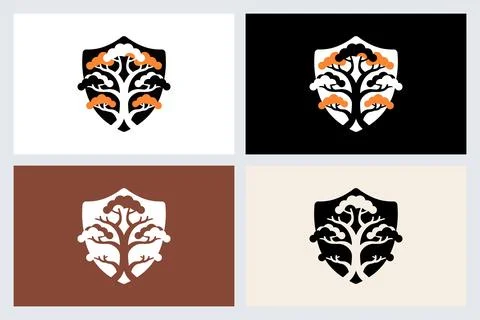 Minimalist Tree Shield Logo Vector Set Stock Illustration