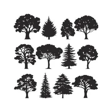 Minimalist Tree Silhouette Vector Art Set Ideal for Nature, Environment, an.. Stock Illustration
