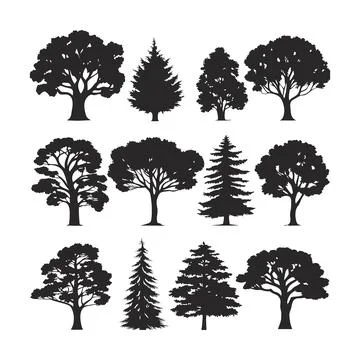 Minimalist Tree Silhouette Vector Art Set Ideal for Nature, Environment, an.. 스톡 일러스트