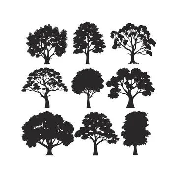 Minimalist Tree Silhouette Vector Art Set Ideal for Nature, Environment, an.. 스톡 일러스트