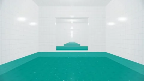 Minimalist turquoise pool room with tiled walls in surreal motion. 4K 3D Render Stock Footage 344846152