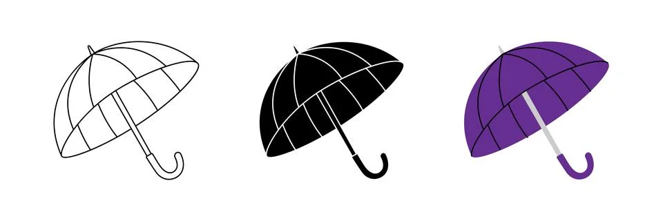 Minimalist umbrella icons in outline, solid black, and purple color. Simple Stock Illustration