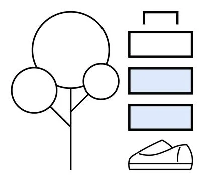 Minimalist Urban Elements Featuring Tree, Building, and Shoe 스톡 일러스트