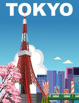 Minimalist vector art captures a red communications tower, pink cherry blosso Stock Illustration