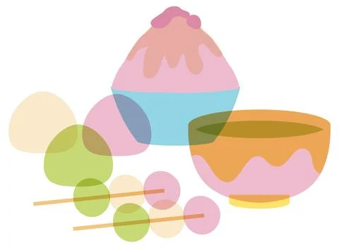 Minimalist vector art of shaved ice, dango, mochi, and matcha tea in pastel t Stock Illustration