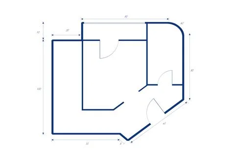 Minimalist vector floor plan showing blue wall outlines, door arcs, dimension Stock Photos