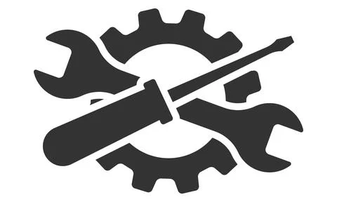This minimalist vector icon of a crossed wrench and screwdriver over a gear w Stock Illustration