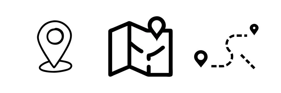 A minimalist vector icon set featuring map symbols, ideal for navigation, t.. Stock Illustration