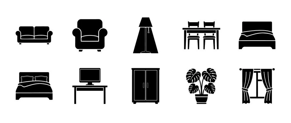 A minimalist vector icon set featuring black silhouettes of essential furni.. Illustrazione stock