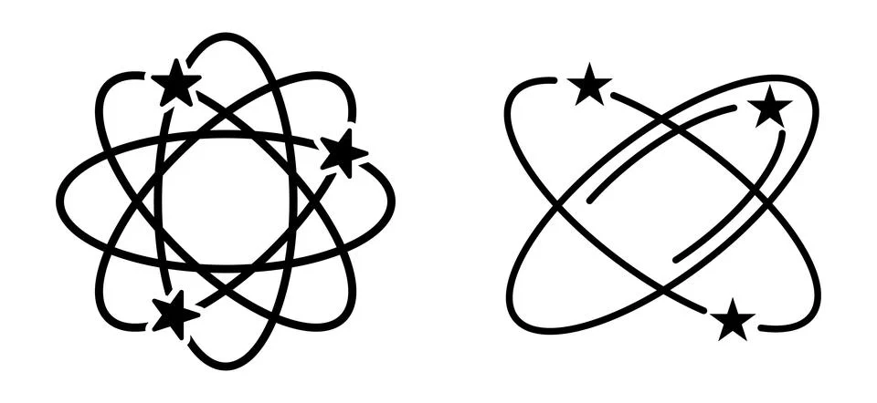 Minimalist vector icon set featuring orbiting stars on circular paths Stockillustratie