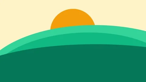 Minimalist vector illustration of a bright sun rising over green hills Stock Footage 335145855