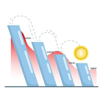Minimalist vector illustration of a falling bar chart with scattered coins イラスト素材