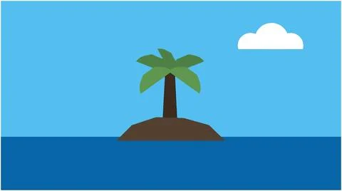 Minimalist vector illustration of a palm tree on a desert island with tropica Ilustração Stock