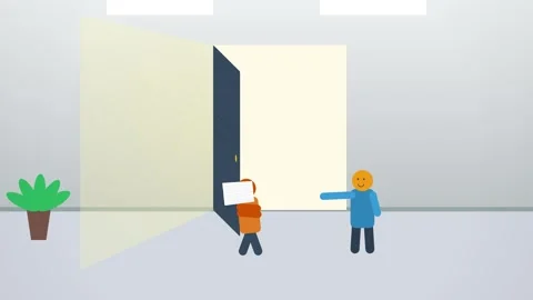 Minimalist Vector Illustration of Person Standing Near Blue Door Stock Footage 344640746