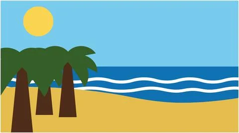 Minimalist vector illustration of a tropical beach scene with palm trees Ilustração Stock