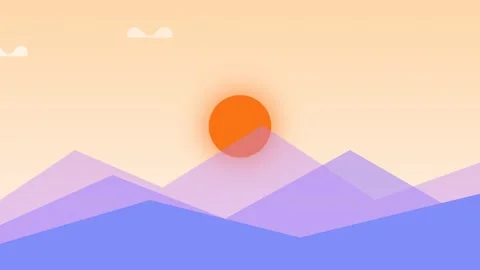 Minimalist vector illustration of a warm sun rising over purple mountains Vídeo Stock 336263235