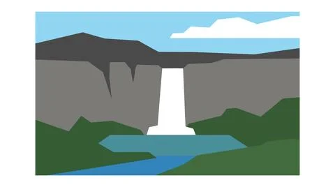 Minimalist vector illustration of a waterfall flowing into a forest lake Stock Illustration