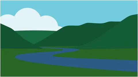 Minimalist vector illustration of a winding river flowing through green hills Stock Illustration