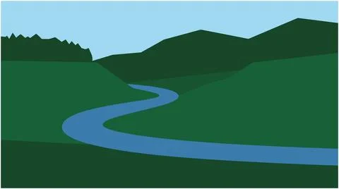 Minimalist vector landscape of a river flowing through a forested valley Stock Illustration