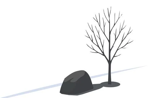 Minimalist Vector of Leafless Tree and Rock in Winter Landscape Stock Illustration
