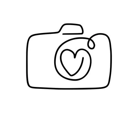 Minimalist vector line art depicting a camera with a heart inside, symbolizin Stock Illustration